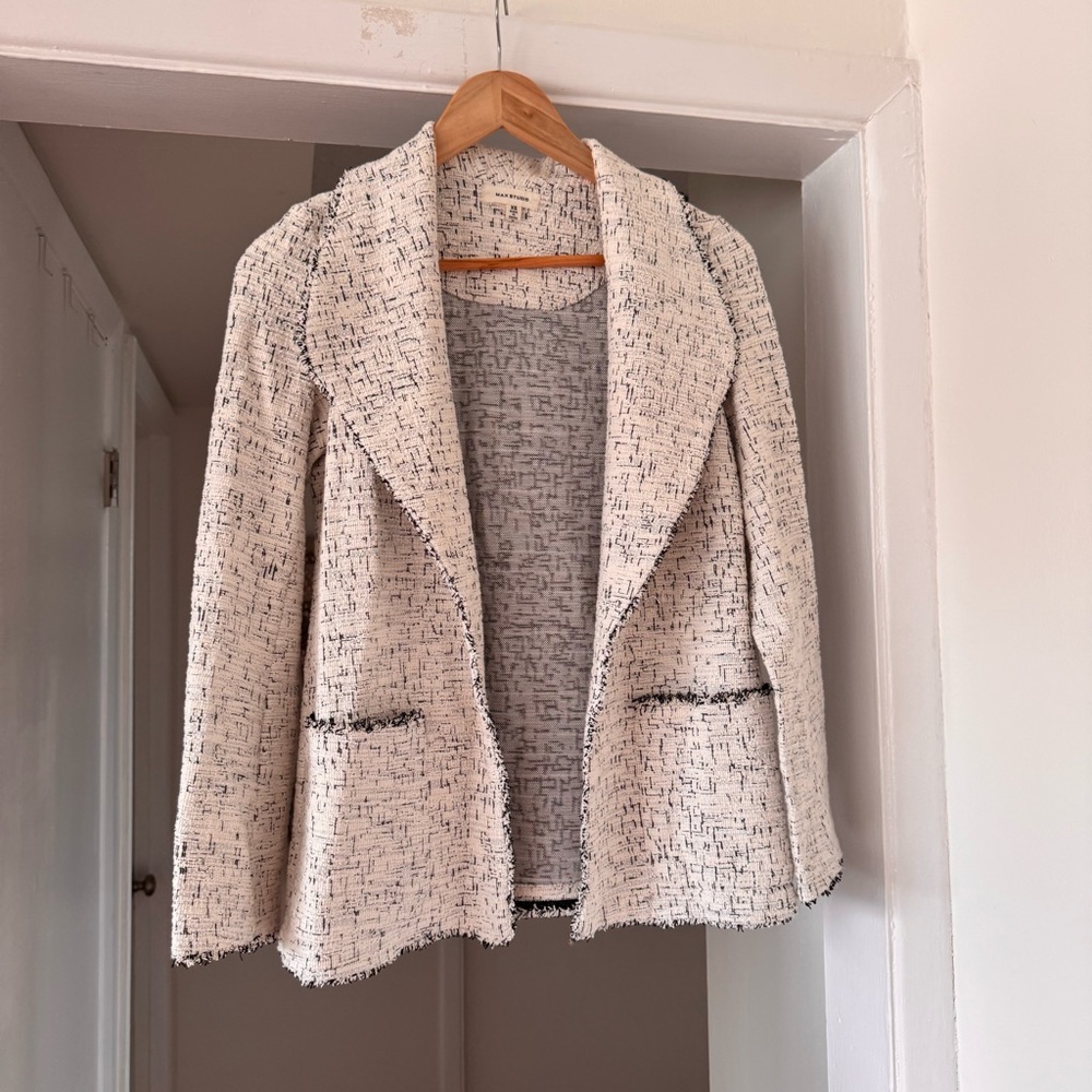 Max Studio Cream Bouclé Open-Front Blazer with Black Accent